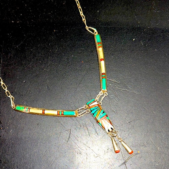 Zuni artist D. Lucio Sleeping Beauty Design Necklace Marked Sterling - Picture 2 of 7